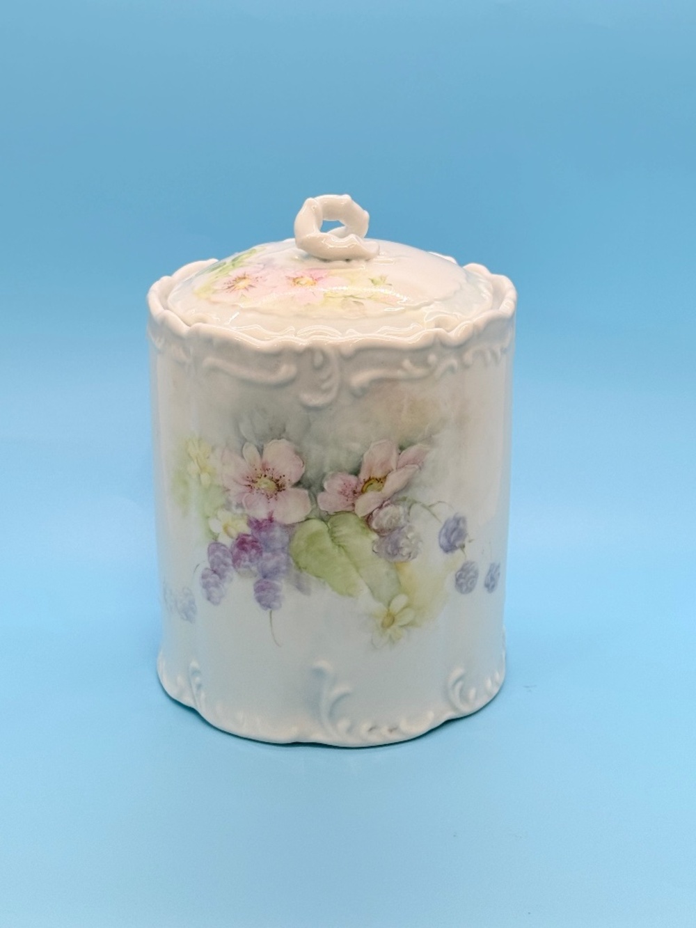 Vintage Porcelain Embossed Biscuit Jar & Lid Handpainted w Pastel Floral Motifs